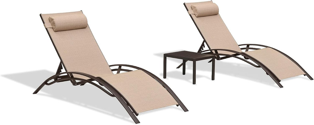 PURPLE LEAF Pool Chaise Lounge Set of 3 Bronze Aluminum Chair, Pebble Gray | 2 Chaise + 1 Table, UV Textilene Fades Less, S-Curve Backrest with Arm, 5 Recline Angles, Adjustable Headrest, Stackable