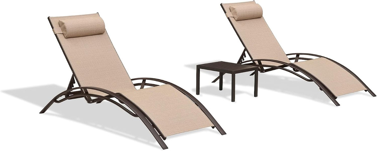PURPLE LEAF Pool Chaise Lounge Set of 3 Bronze Aluminum Chair, Pebble Gray | 2 Chaise + 1 Table, UV Textilene Fades Less, S-Curve Backrest with Arm, 5 Recline Angles, Adjustable Headrest, Stackable