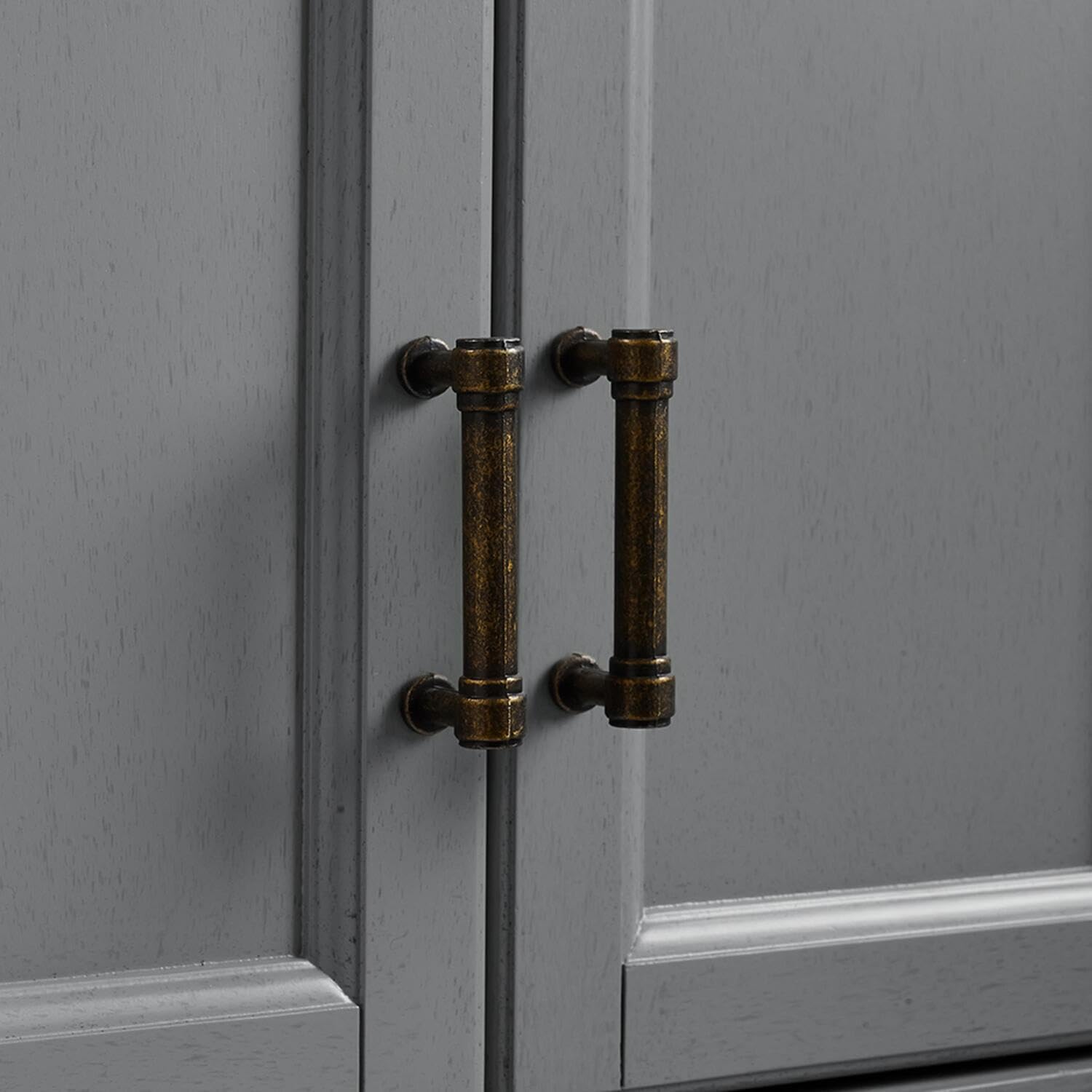 Maykoosh Pantry Cabinet Set, 2 Piece Storage Organizer, Distressed Gray, Metal Hardware