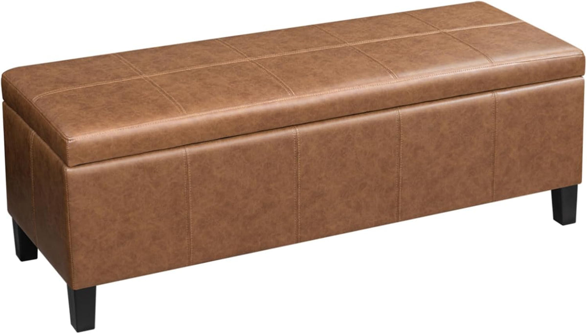 Faux Leather Storage Bench Ottoman, 50 Inch Upholstered Storage Bench with Large Compartment, Durable Accent Seating Bench for Entryway, Bedroom, Living Room Furniture