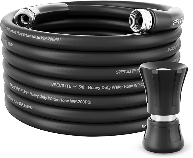 SPECILITE 5/8" Garden Hose 50 ft with High Flow Nozzle, Heavy Duty Flexible Hybrid Rubber Water Hose for Outdoor, Lightweight, Leak-Proof, No-Kink, 3/4"Stainless Steel Fittings,Black