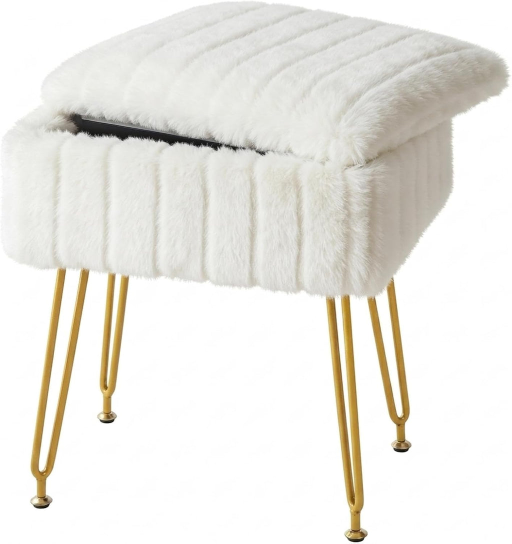 FUXA Vanity Stool Chair with Storage, Faux Fur and Metal Legs, White | Soft Padded Seat, Anti-Slip Adjustable Feet, Modern Style, Multifunctional for Bedroom and Entryway