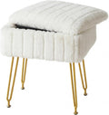 FUXA Vanity Stool Chair with Storage, Faux Fur and Metal Legs, White | Soft Padded Seat, Anti-Slip Adjustable Feet, Modern Style, Multifunctional for Bedroom and Entryway