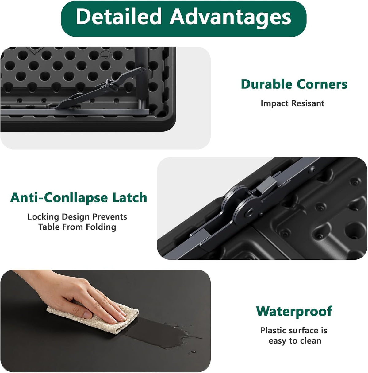 2 Pack 4ft Folding Table, Foldable Plastic Portable Picnic Table, Black | Large Surface Half-fold design with carry handle for Indoors/Outdoors Use Support up to 300 lbs Easy Setup & Waterproof