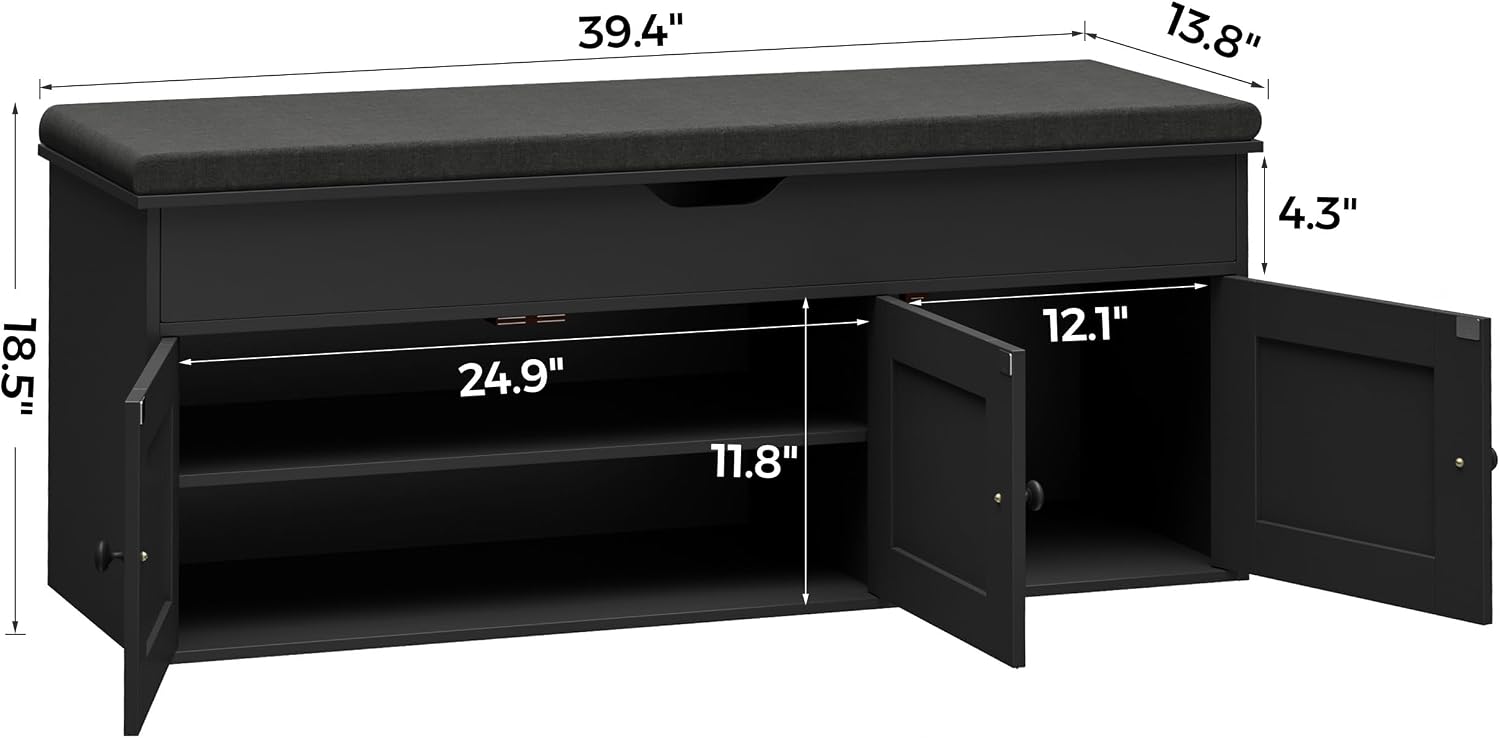 Homleke Shoe Storage Bench with Lift Top & 3 Barn Doors, Entryway Bench with Removable Cushion, Adjustable Shelf, Hidden Storage Cabinet for Hallway, Living Room, Bedroom - Black