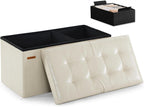 HAUSFRAU Ottoman with Storage Bench Folding Foot Rest Stool Ivory | 31.5", Flip Lid, Small Upholstered Foldable Footrest Footstool, Bedroom Bench, Living Room Dorm Ottoman, Faux Leather