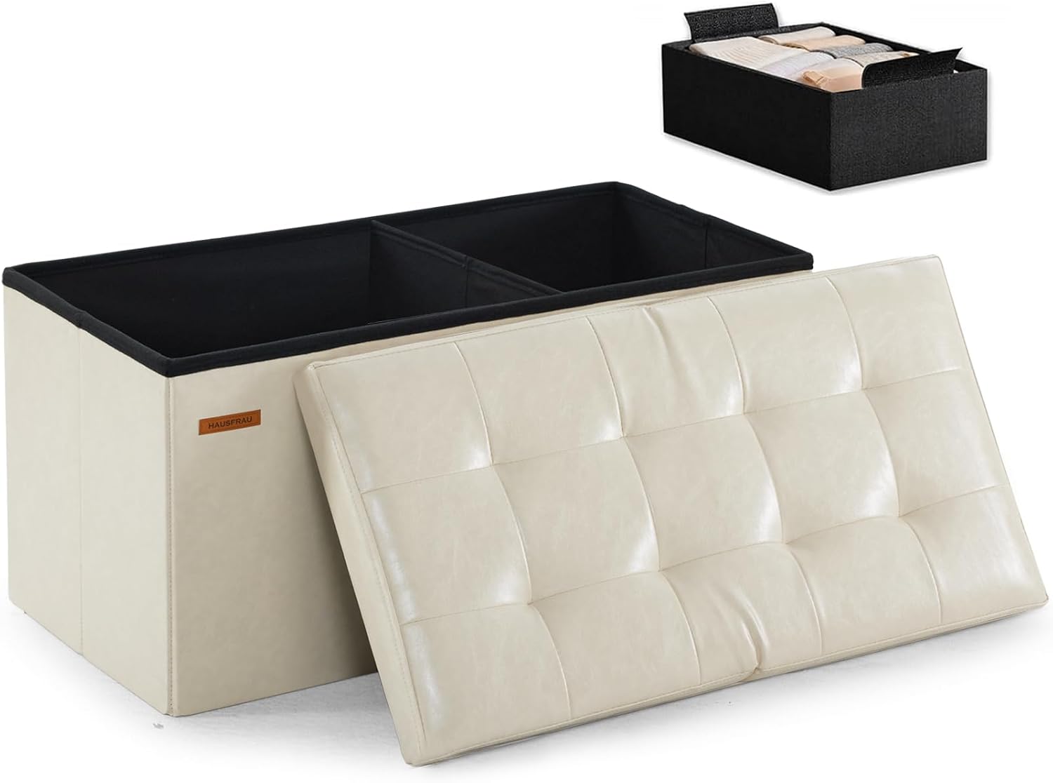 HAUSFRAU Ottoman with Storage Bench Folding Foot Rest Stool Ivory | 31.5", Flip Lid, Small Upholstered Foldable Footrest Footstool, Bedroom Bench, Living Room Dorm Ottoman, Faux Leather