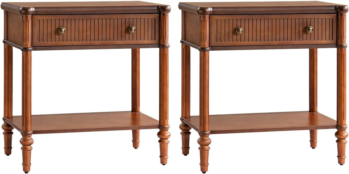 HULALA HOME Wood Nightstand with Charging Station, Traditional End Table with Solid Wood Drawer and Legs, Fluted Nightstand for Living Room, Bedroom Set of 2, Brown