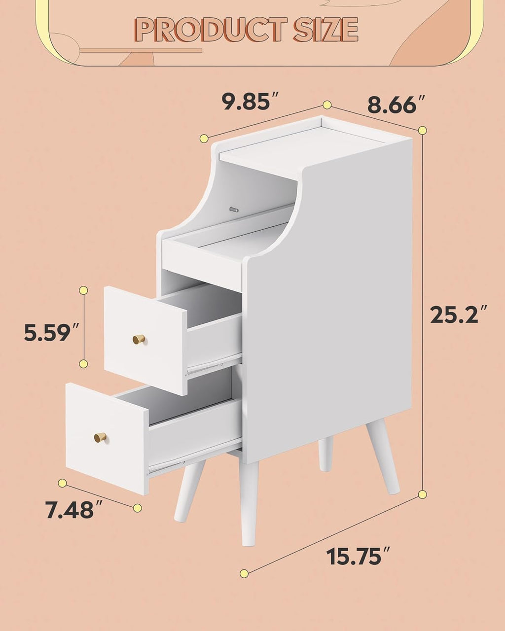 WLIVE Small Nightstand with Drawers, Narrow Bedside Tables with Open Shelf & Cable Hole, Narrow Nightstand for Bedroom, Modern Storage Cabinet for Small Spaces/Living Room, White