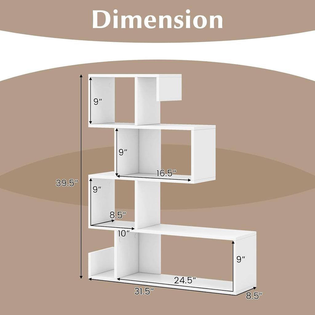 GIANTEX 5-Tier S-Shaped Bookshelf, Geometric Bookcase w/Open Cubes, Modern Decorative Display Shelf w/Anti-Toppling Kits, Freestanding Storage Rack for Living Room, Study, Home, Office, White
