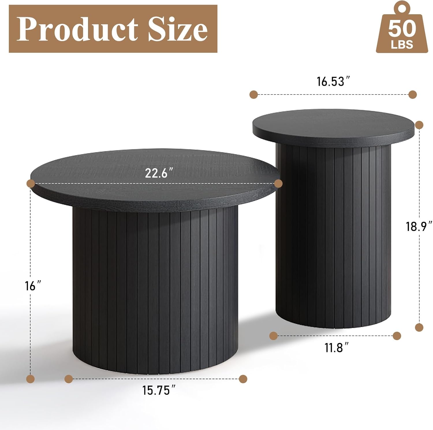 LUXOAK Nesting Coffee Table Set of 2, Mid Century Modern Round Coffee Tables, Wood Slat Side Table Set for Living Room, Office, Balcony, Textured Black