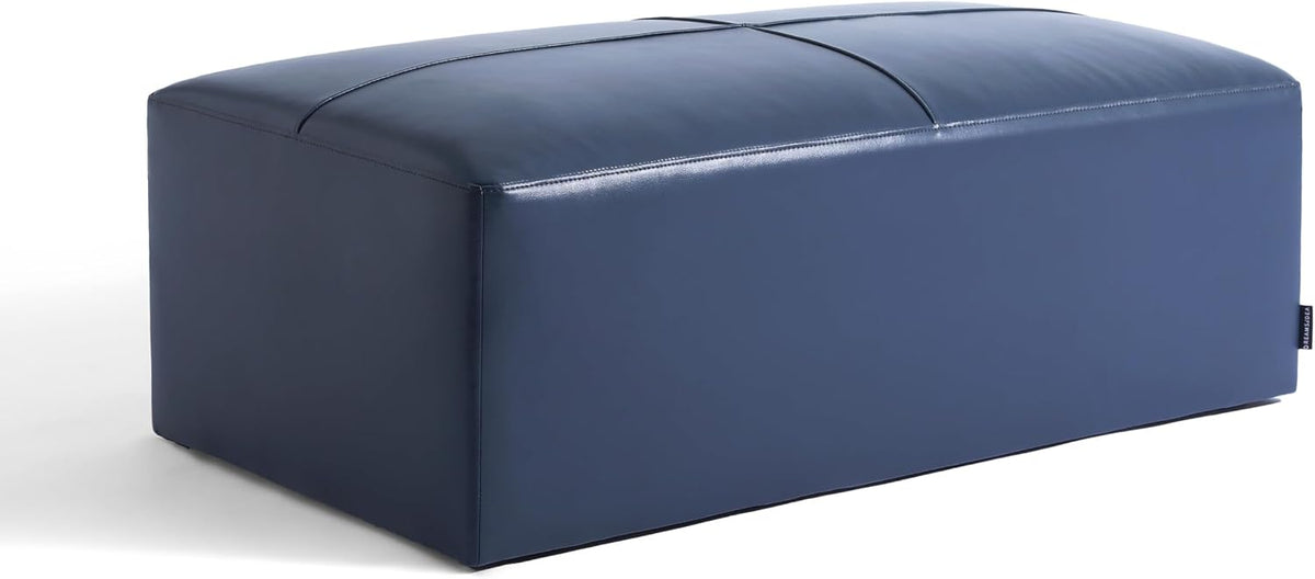 Genuine Leather Ottoman Bench, Upholstered Ottoman Table with Solid Wood Frame, Rectangular Footrest Bench for Living Room, Entryway, Bedroom - Navy Blue
