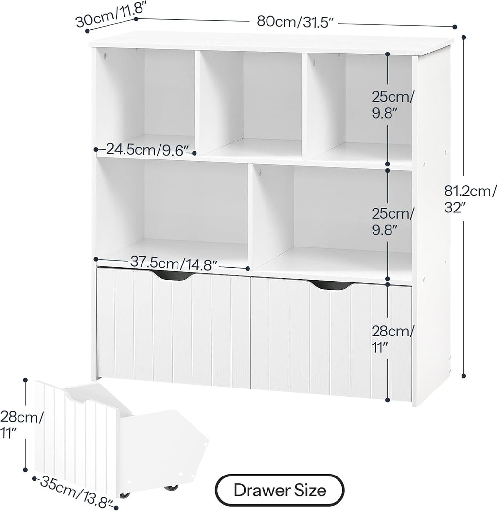 HOOBRO Toy Storage Organizer, Toy Organizers and Storage with 2 Movable Drawers and 5 Cubbies, Toy Chest Shelf for Books or Dolls, Kids Bookshelf and Toy Storage for Playroom, White WT88CW01