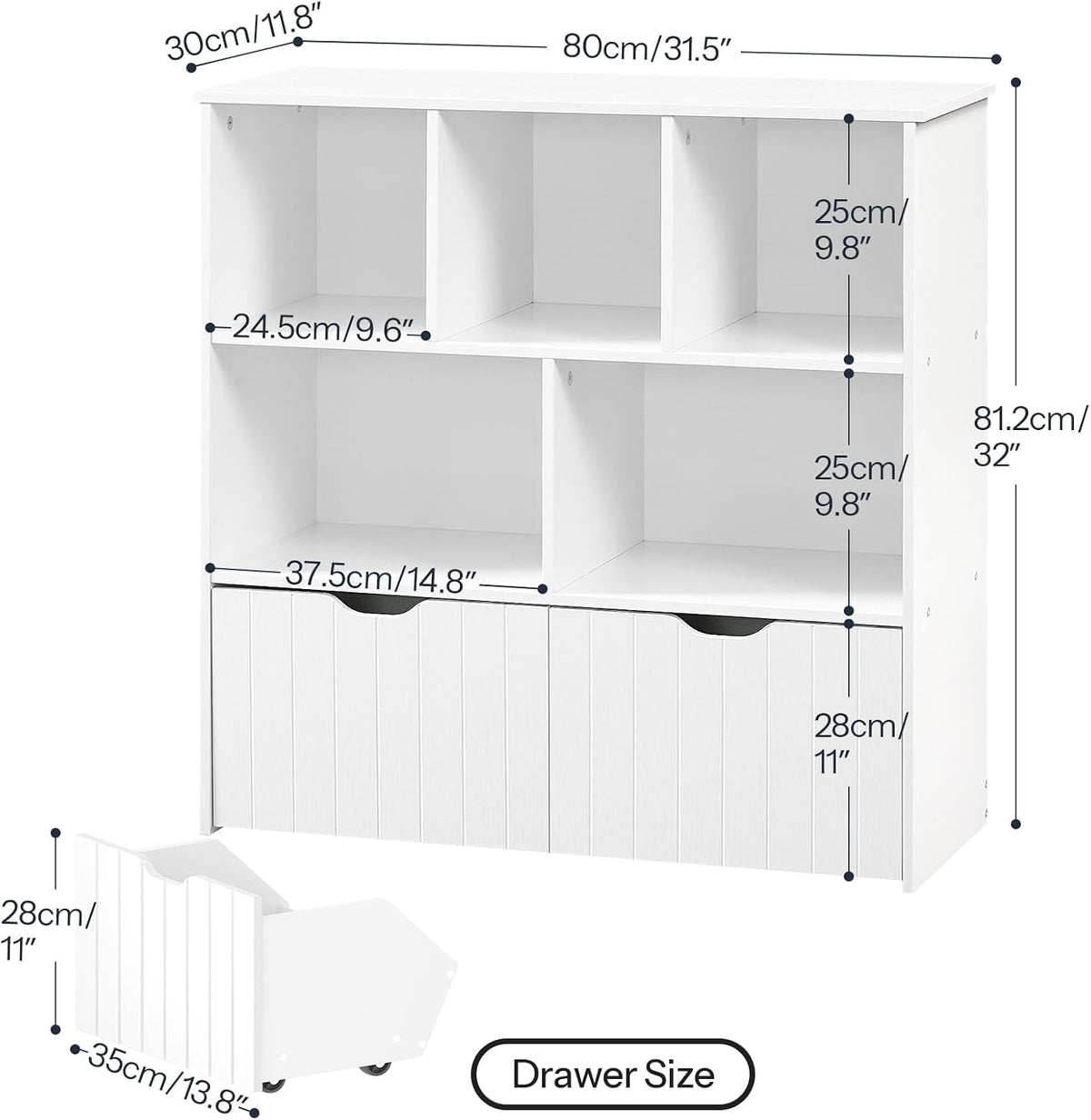 HOOBRO Toy Storage Organizer, Toy Organizers and Storage with 2 Movable Drawers and 5 Cubbies, Toy Chest Shelf for Books or Dolls, Kids Bookshelf and Toy Storage for Playroom, White WT88CW01