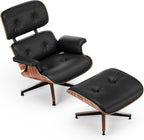 Mid Century Modern Top Grain Leather Chaise Lounge Chair & Ottoman | Modern Classic Recliner with Heavy Duty Base, Fixed Tilting for Living Room, Study, Lounge & Office, Palisander Black