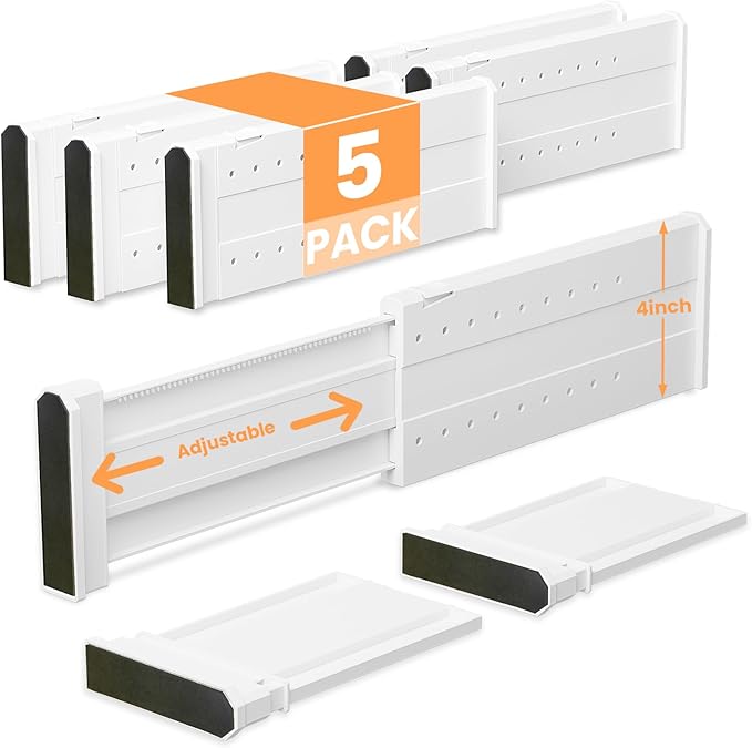 REBECAT 5 Pack Drawer Dividers for Clothes Adjustable Drawer Dividers 4" High Expandable from 11"-17" for Dresser Baby Clothes Bathroom Bedroom Kitchen and Office Storage，White
