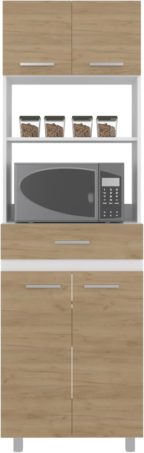 24" Beggs Kitchen Pantry, 4 Doors, 1 Drawer, 4 Legs, 4 Shelves, Natural Oak/White - Kitchen – Tall Kitchen Storage & Pantry Organization for Kitchen, Dining Room & Utility Room Organization