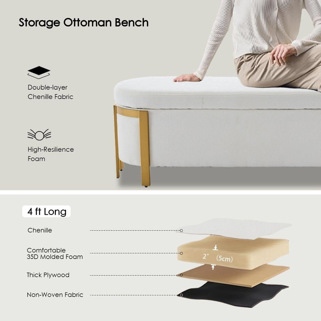 Hyfirm 48" Storage Ottoman Bench – White Chenille Upholstered Footrest with Gold Legs, Long Oval Padded Stool for Bedroom, End of Bed, Living Room, Entryway, Hallway