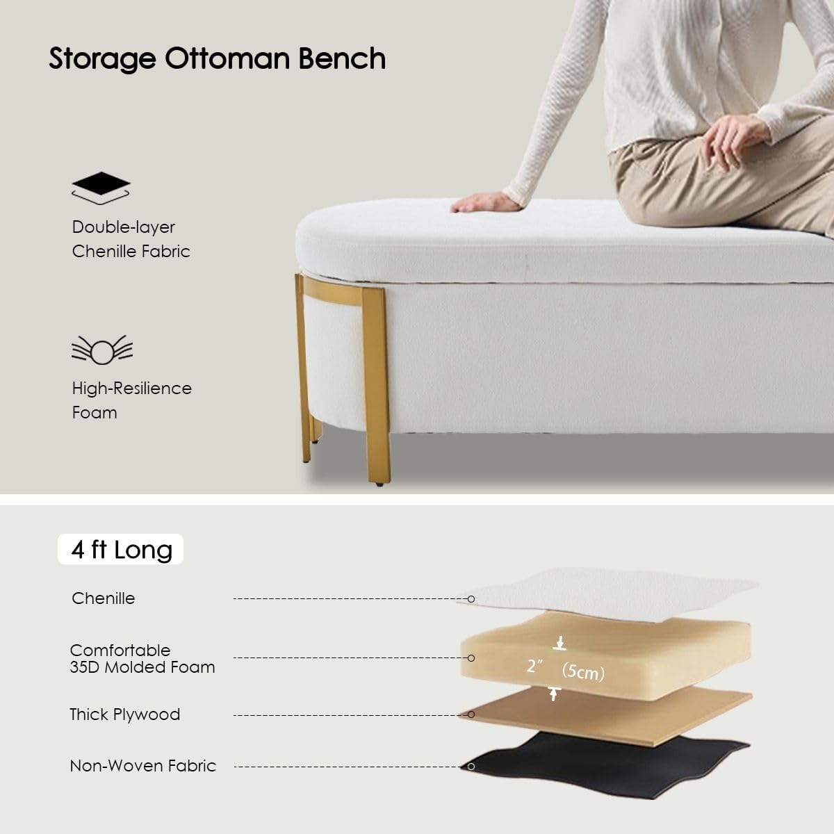 Hyfirm 48" Storage Ottoman Bench – White Chenille Upholstered Footrest with Gold Legs, Long Oval Padded Stool for Bedroom, End of Bed, Living Room, Entryway, Hallway