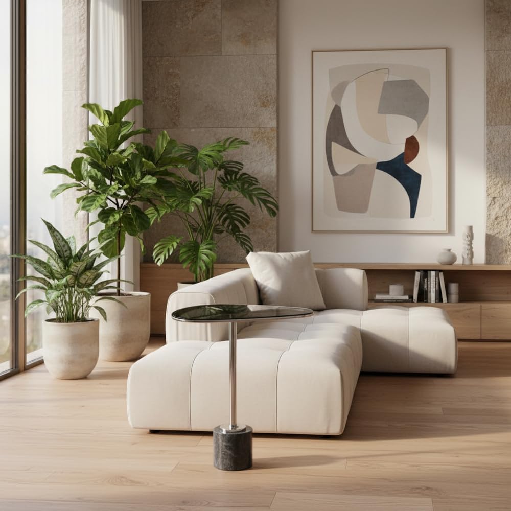 Modern Day Accents 3741 Moderna End Table, Marble and Glass Side Table with Polished Aluminum Frame, Egg-Shaped Smoked Glass Top, Entry Table, Black Marble, Contemporary End Tables, 22.25" H