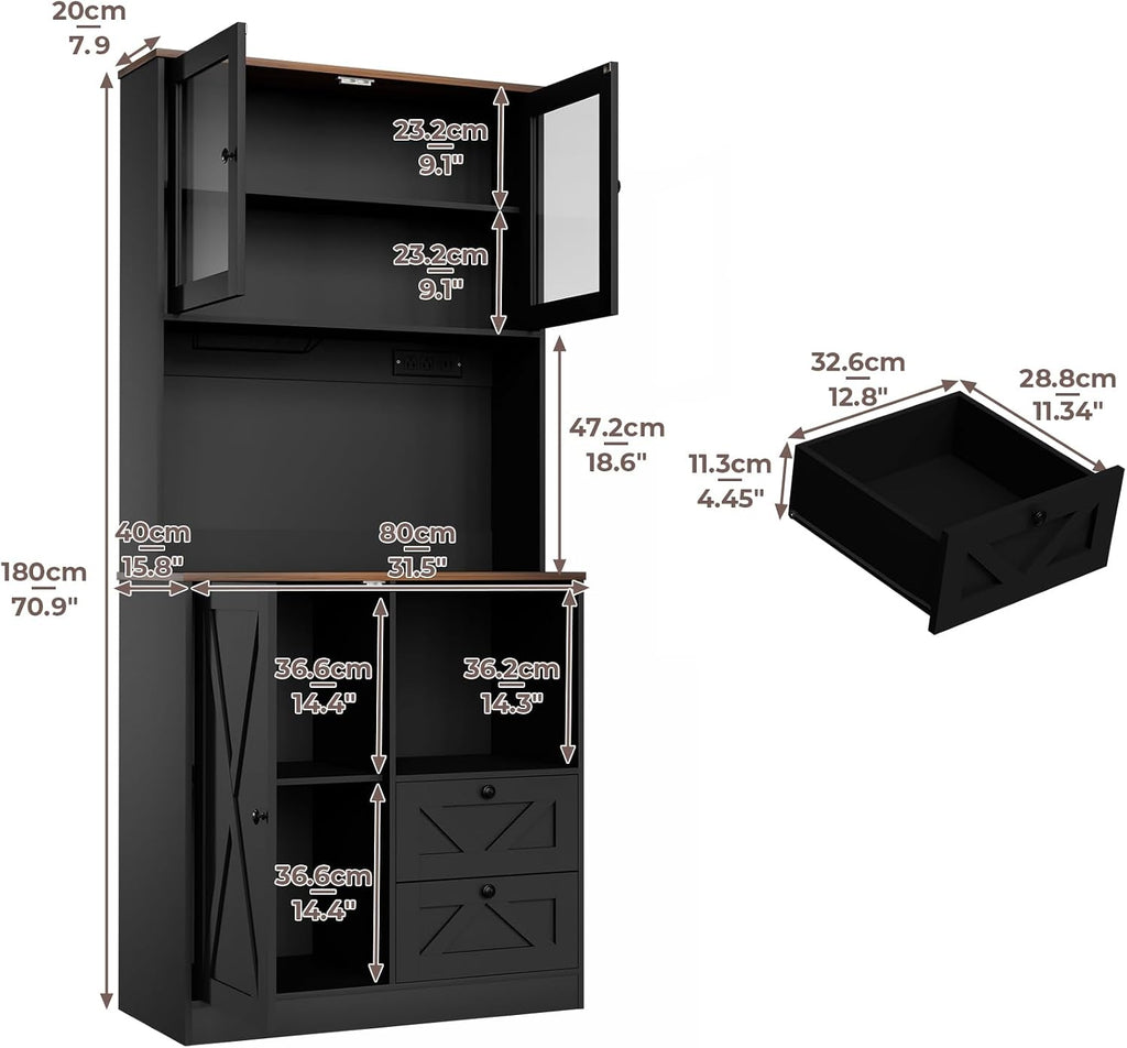 71‘’Kitchen Pantry Storage Cabinet with LED Lights and Power Outlet, Tall Farmhouse Kitchen Hutch with Microwave Stand,Globet Hooks and Adjustable Shelf for Dining Living Room,Black