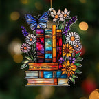 Book Ornament – Stained Glass Style Acrylic Christmas Ornament with,Teacher Back To School Gift, Bookish Gifts For Librarian, BookLovers,Reader, Women, Suncatcher Effect Decor For Christmas Tre,S-18