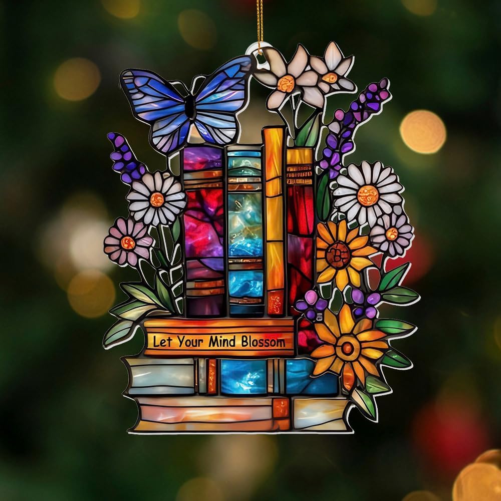 Book Ornament – Stained Glass Style Acrylic Christmas Ornament with,Teacher Back To School Gift, Bookish Gifts For Librarian, BookLovers,Reader, Women, Suncatcher Effect Decor For Christmas Tre,S-18