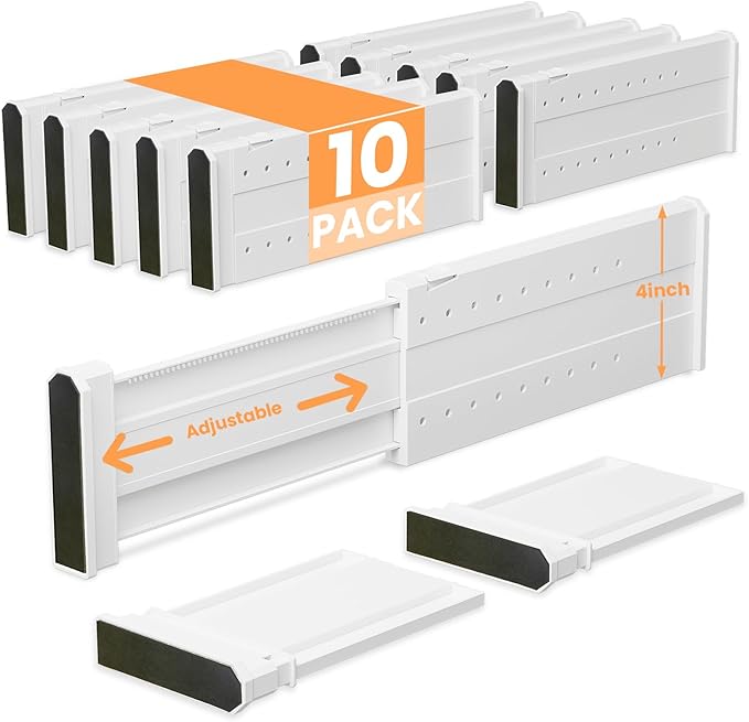 REBECAT 10 Pack Drawer Dividers for Clothes Adjustable Drawer Dividers 4" High Expandable from 11"-17" for Dresser Baby Clothes Bathroom Bedroom Kitchen and Office Storage，White