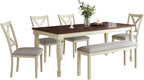 AMERLIFE 6-Piece Farmhouse Dining Table Set for 6-7, 71" Solid Wood Kitchen Table and Chairs, 1 Dining Table, 4 Upholstered Chairs and 1 Bench, Rustic Dining Room Set, Rustic White