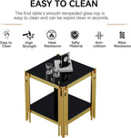 20” Square Glass End Table, 2-Tier Side Table with Black Tempered Glass Top Golden Mirrored Stainless Steel Legs, Modern Luxury Nightstand Bedside Table with Lower Shelf for Living Room