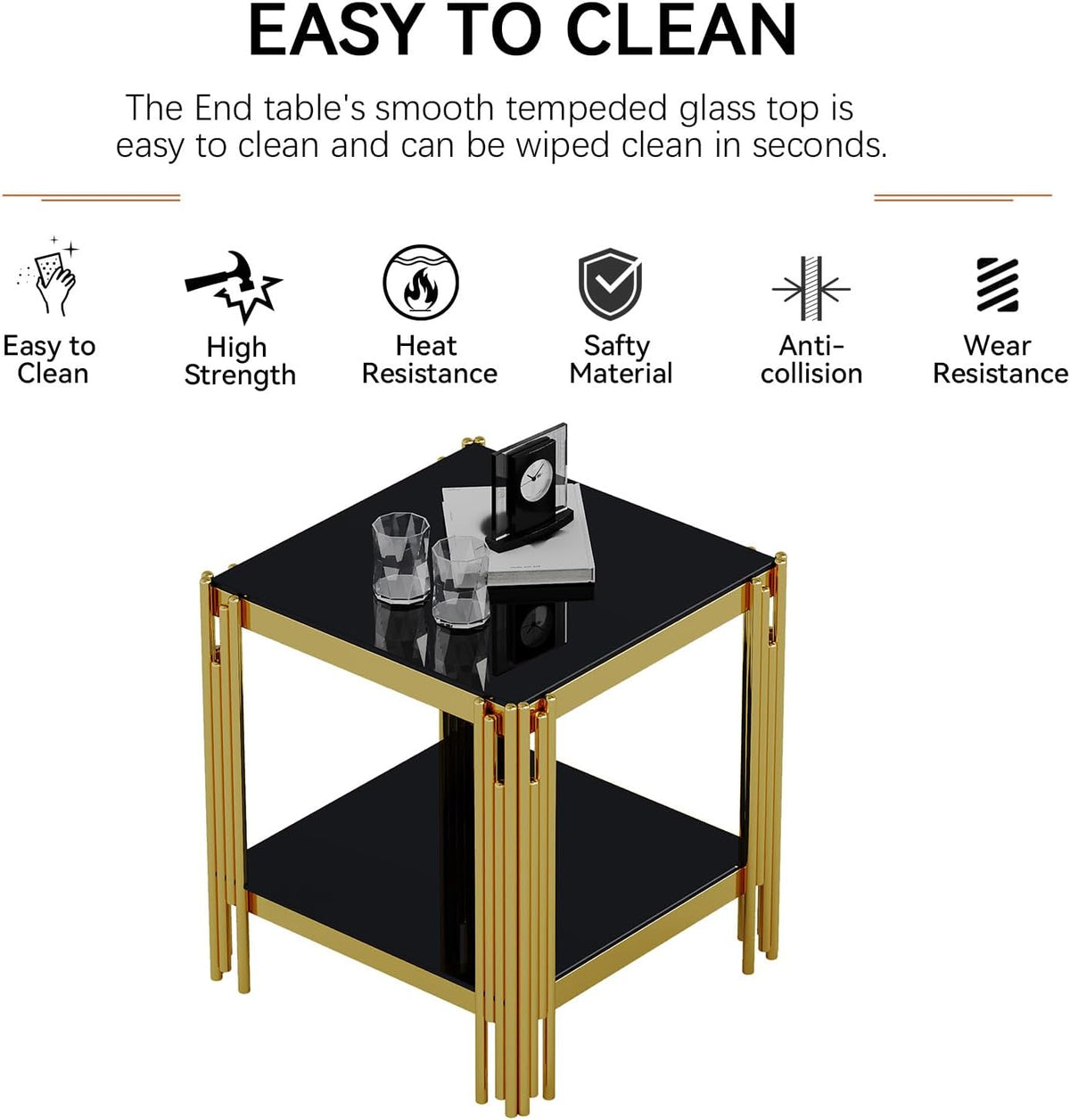 20” Square Glass End Table, 2-Tier Side Table with Black Tempered Glass Top Golden Mirrored Stainless Steel Legs, Modern Luxury Nightstand Bedside Table with Lower Shelf for Living Room