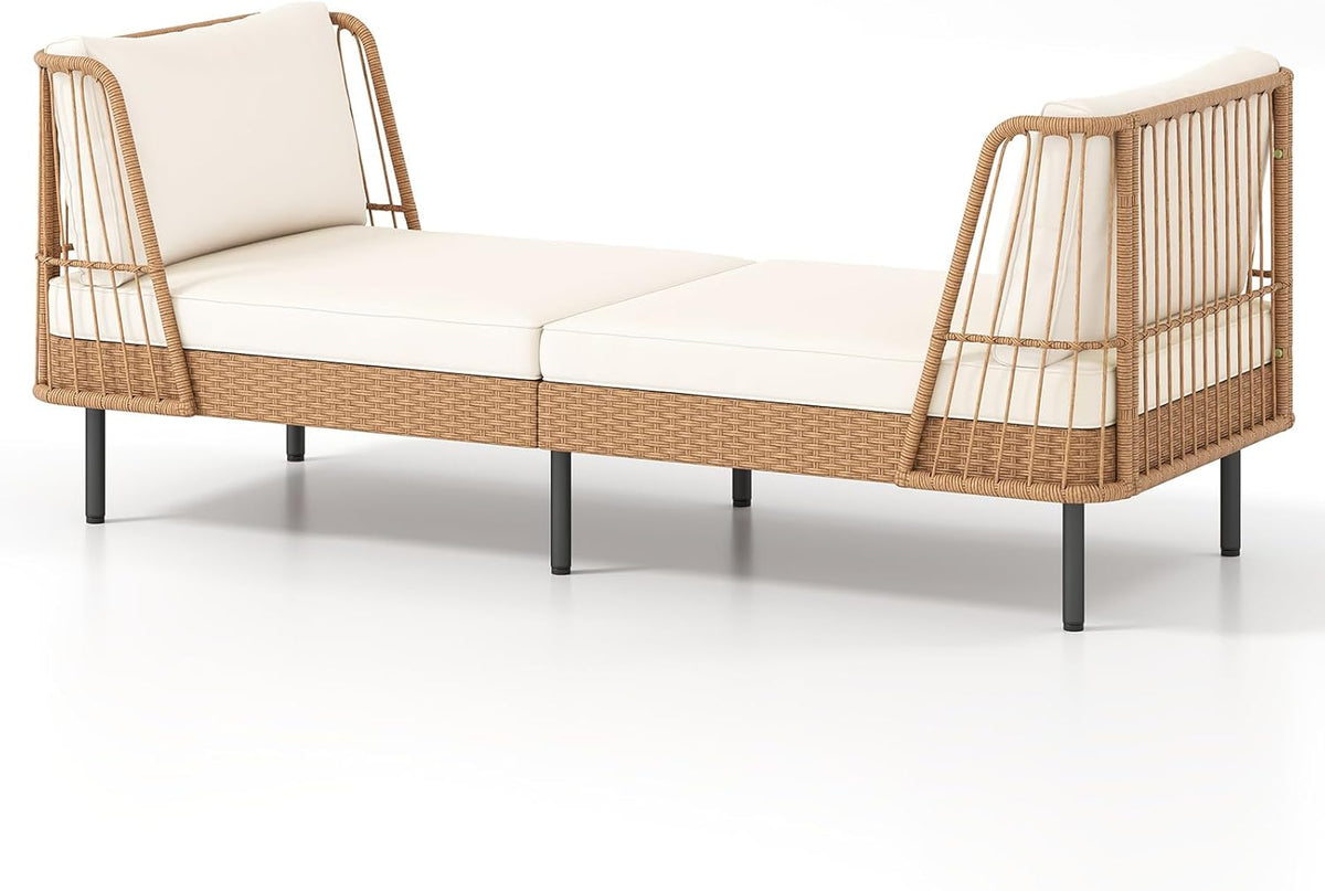 HAPPYGRILL Outdoor Wicker Daybed, Rattan Patio Couch Sofa Bed with Armrests, Cushions & Pillows, Boho 2-Seater Lounge for Porch, Backyard, Garden, Poolside (1)
