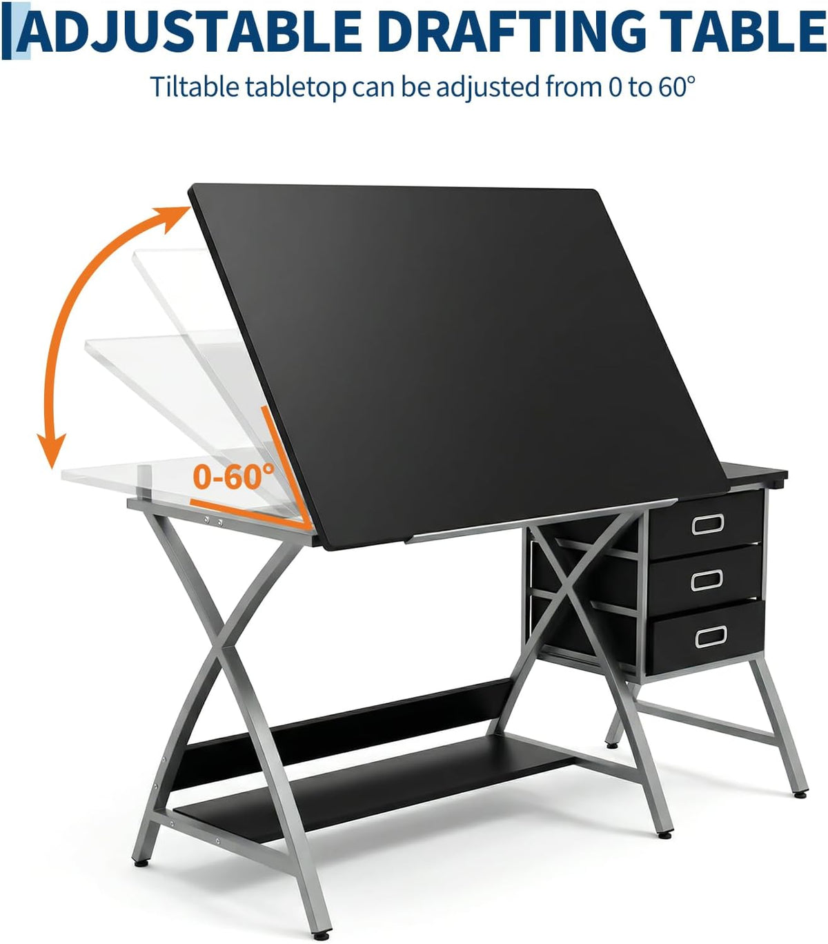 Drafting Table for Adults/Artists, Drawing Desk, Tabletop Adjustable Art/Craft Desk with Stool and 3 Slide Drawers, Sketching Painting Artwork Station for Art Studio Home Office School