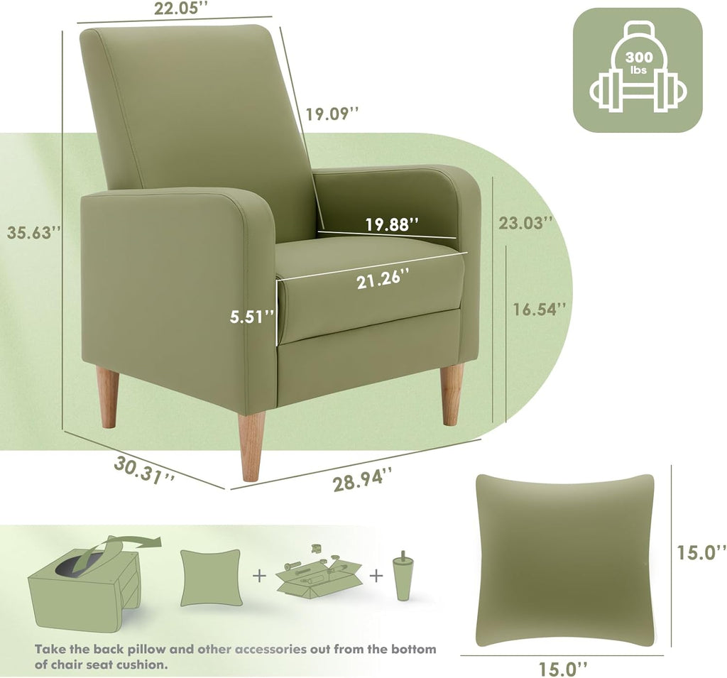 COLAMY Accent Chairs Set of 2, Faux Leather Living Room Chairs with Back Pillow & Solid Wood Legs, Mid-Century Modern Chairs, Comfy Upholstered Armchair for Living Room, Bedroom, Light Green