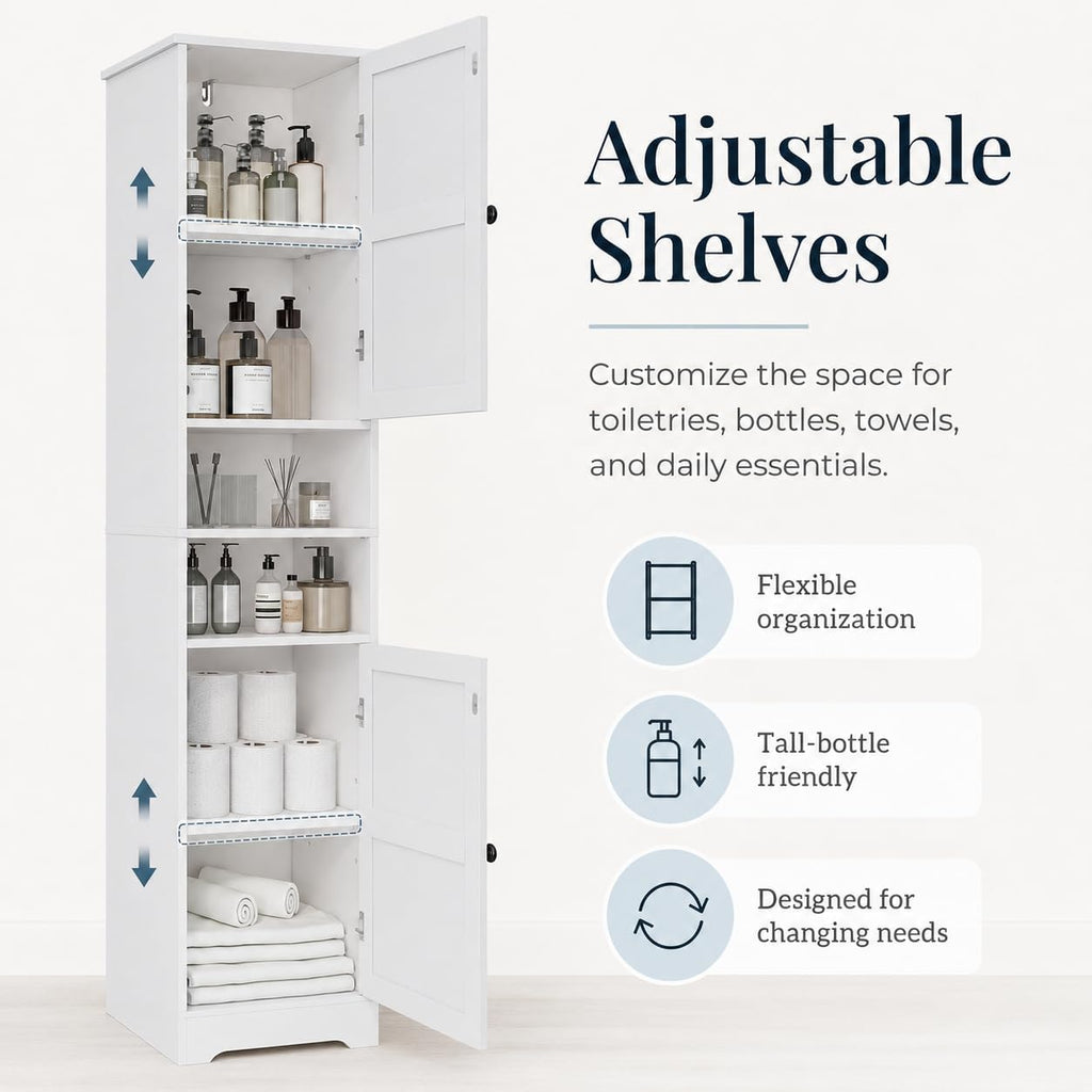Viaozutis Tall Bathroom Storage Cabinet, Slim Freestanding Cabinet with Adjustable Shelves, Vertical Storage Organizer for Small Bathrooms, Toilet Paper & Daily Essentials Storage（White）