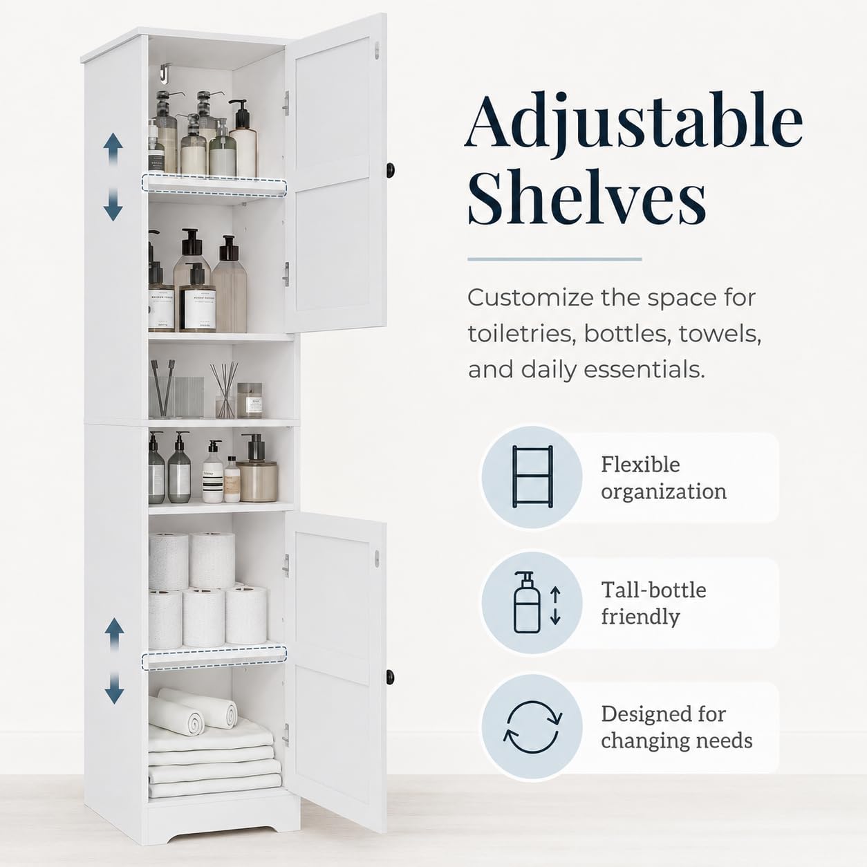 Viaozutis Tall Bathroom Storage Cabinet, Slim Freestanding Cabinet with Adjustable Shelves, Vertical Storage Organizer for Small Bathrooms, Toilet Paper & Daily Essentials Storage（White）