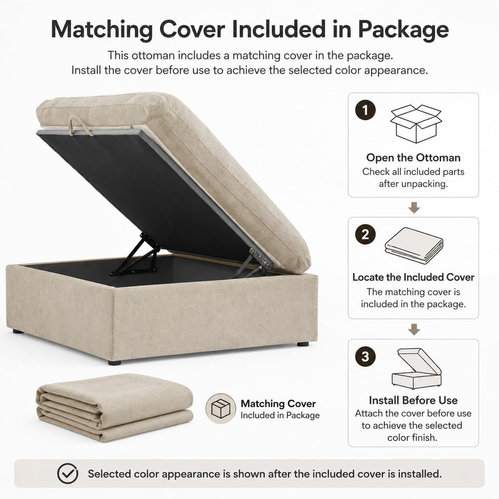JACH Storage Ottoman for Living Room, Cushion Cover Removable, Minimalist Footstool, Breathable Storage Ottomans for Living Room Apartment (Khaki)