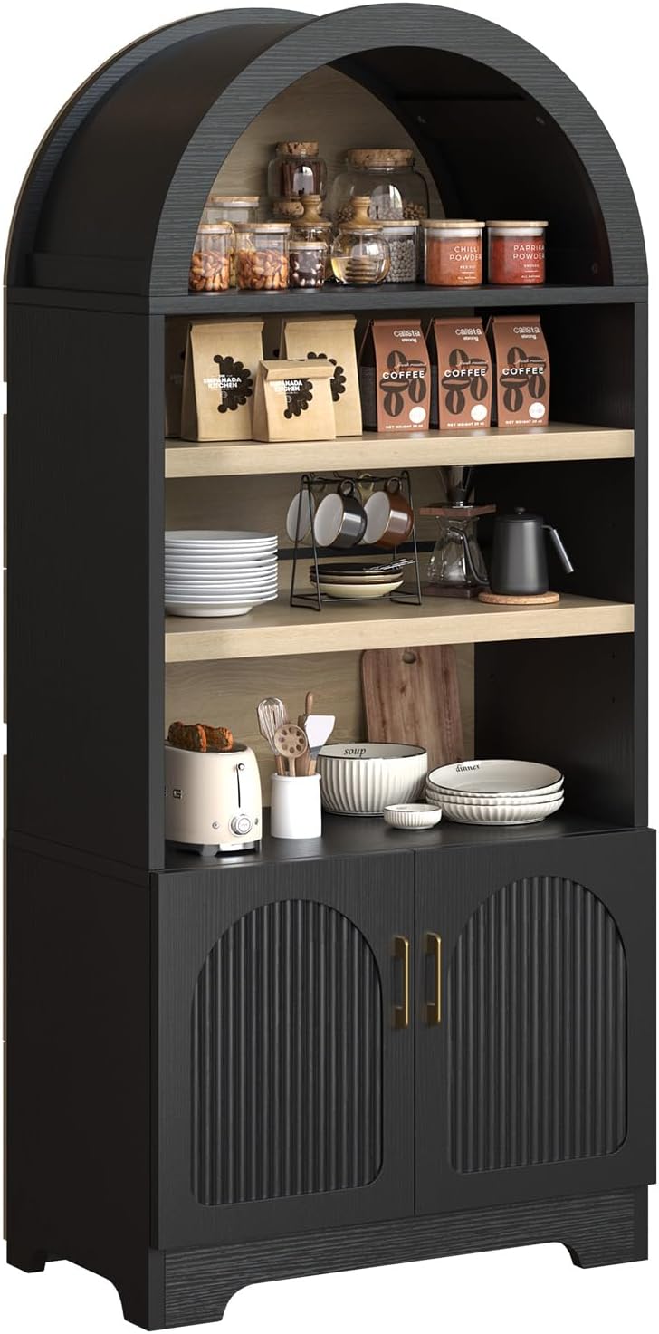 Bestier 71" Tall Arched Kitchen Pantry, Arched Cabinet with Doors, Modern Farmhouse Wood Kitchen Storage Cabinets with 3-Tier Adjustable Shelves, Cupboard for Living Room, Dining Room, Kitchen, Black
