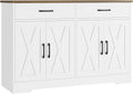 HOSTACK Buffet Cabinet with Storage, 47.2" Kitchen Sideboard Buffet with Drawers, Modern Farmhouse Coffee Bar Station with Shelves, Barn Doors Storage Cabinet for Living Room, White/Rustic Brown
