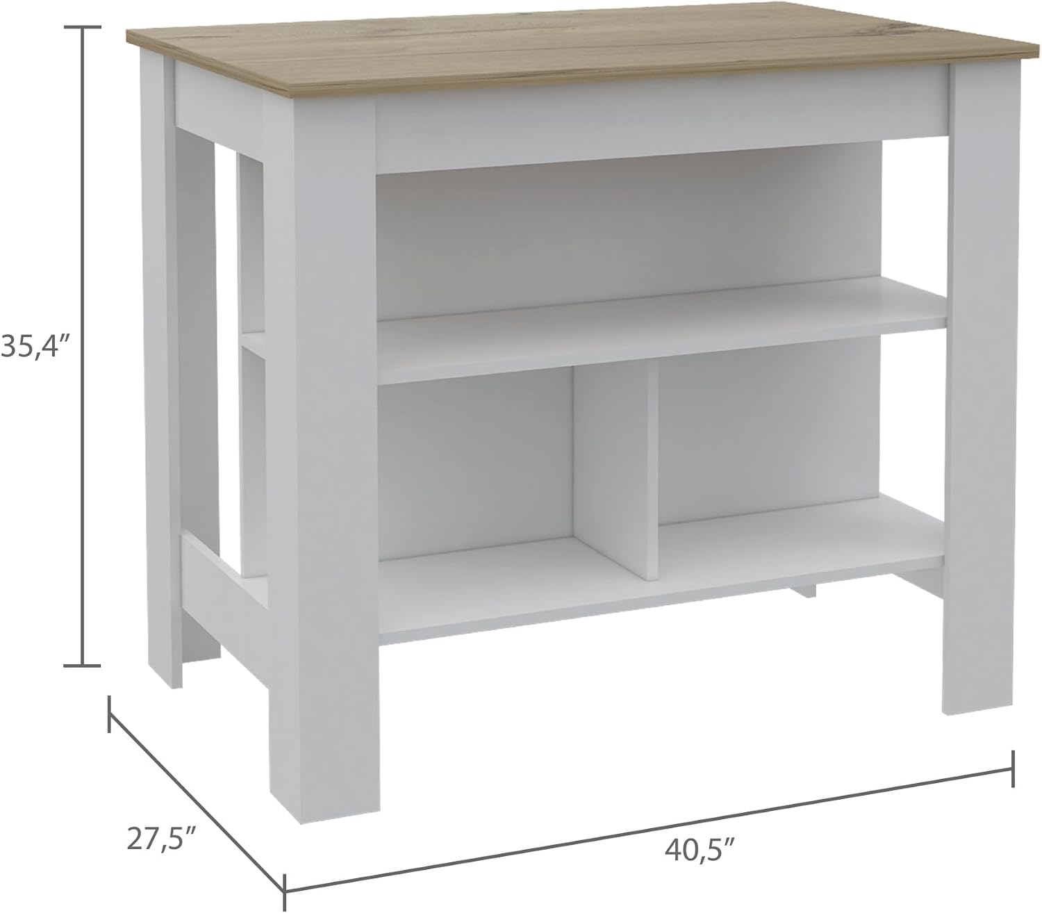 Kitchen Island with Three Shelves and Four Legs - Light Oak/White | Three shelves and four legs for stable support and ample storage