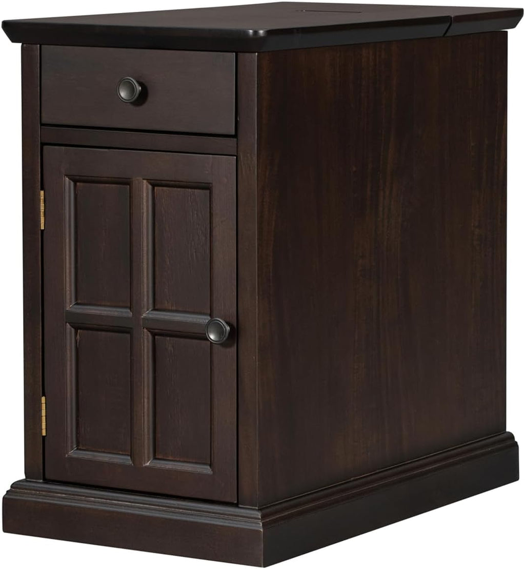Traditional Narrow End Table with Charging Station, Antique Espresso Wood Side Table with Drawer Storage, No Assembly, for Living Room, Bedroom, or Office