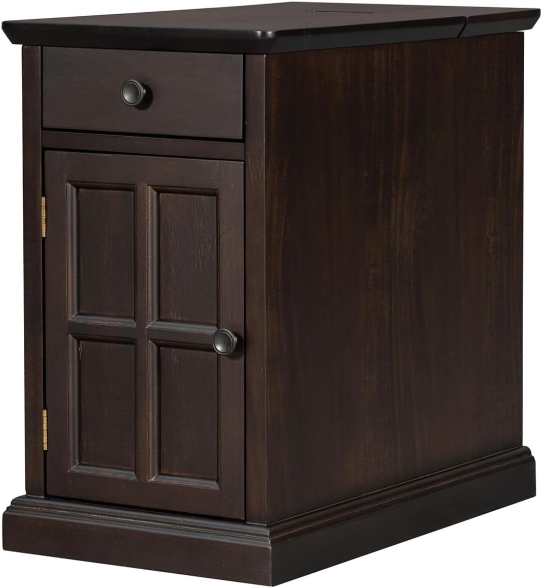 Traditional Narrow End Table with Charging Station, Antique Espresso Wood Side Table with Drawer Storage, No Assembly, for Living Room, Bedroom, or Office