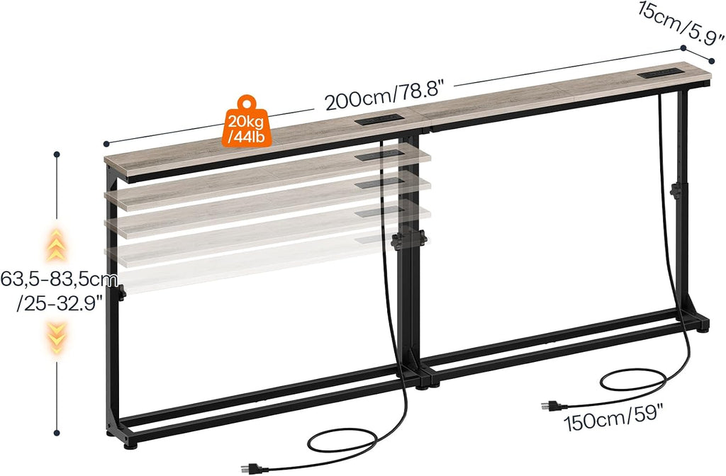 HOOBRO Narrow Console Table Set of 2 with Charging Station, Adjustable Height Sofa Table (25''-32.9''), Slim Behind Couch Table for Small Spaces, Entryway, 78.8" Greige and Black BG95UXGP201