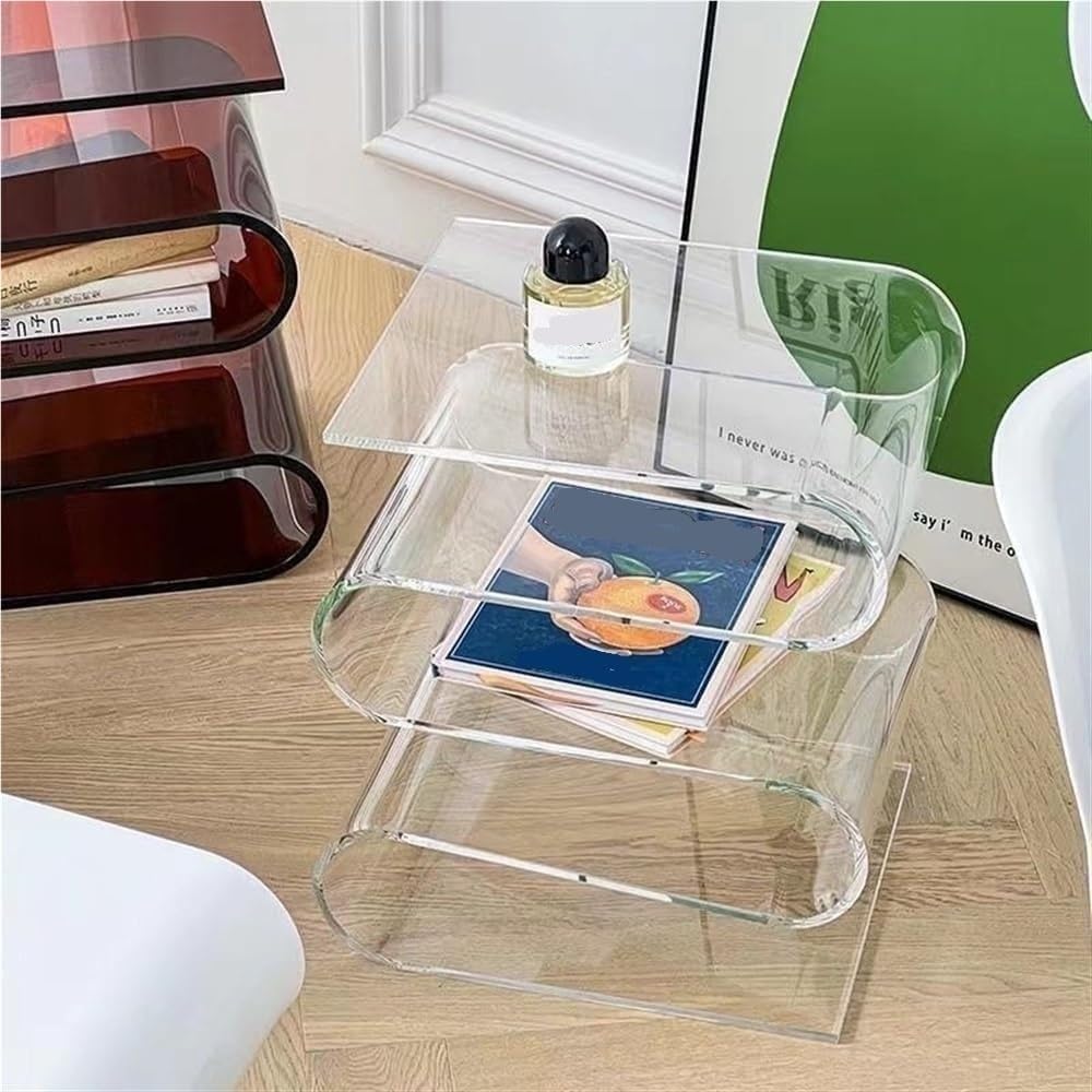 S Shaped Acrylic Side Table, Sleek Nightstand, Acrylic Coffee Table, Clear Bedside Table, Magazine Bookshelf, End Table for Living Room, Bedroom, Study, Patio(Orange)