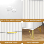 White Fluted Nightstand Set of 2, Modern Bedside Table with 2 Drawers and Gold Legs, 19.7’’ Night Stand Wood End Table for Bedroom