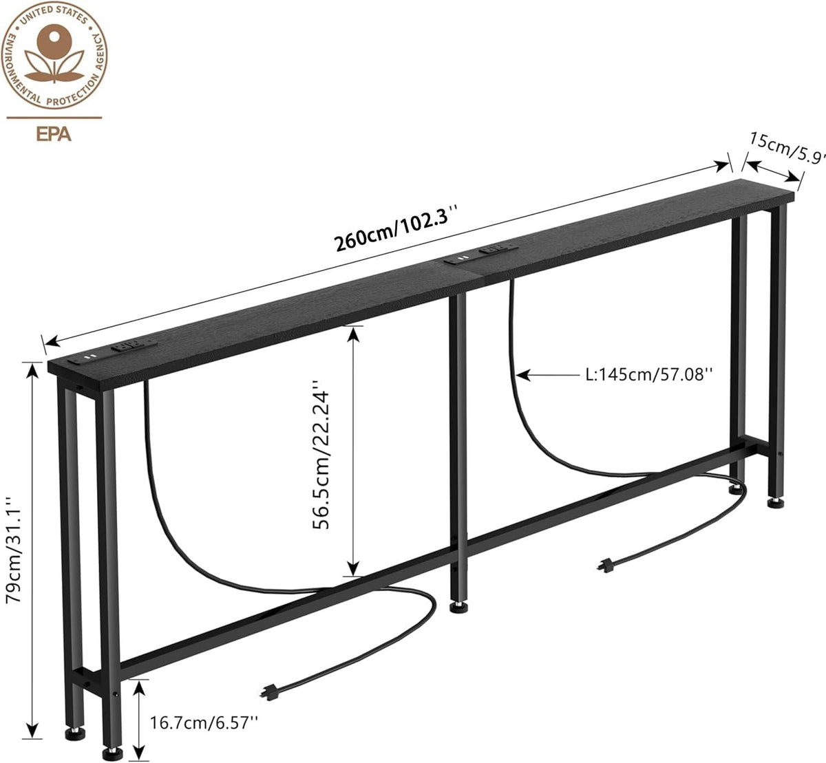 Keelian 102" Narrow Console Sofa Table - 2 Power Outlets & 4 USB Ports, Metal Frame, Black, Perfect for Hallway, Office, and Behind Sofa - Easy Assembly, 4.9' Extension Cord Included