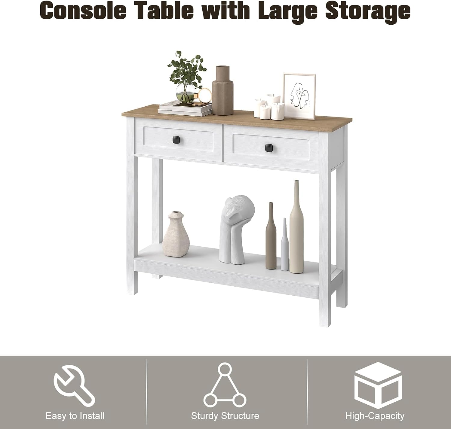kinbor Entryway Table - White Console Table with 2 Drawers, Narrow Small Console Table with Storage Shelf for Entryway, Living Room, Hallway, Easy to Install, White
