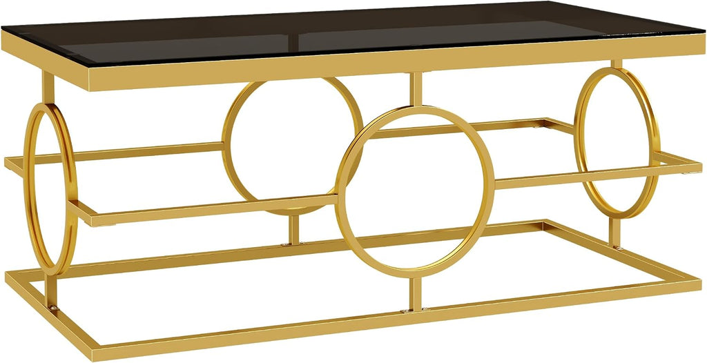 Glass Nesting Coffee Table Set with Metal Frame & Glam Design, Gold & Black | Modern Round Cocktail Center Table with Tempered Glass, Luxury for Living Room & Home Decor