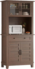 GarveeHome 72 in Tall Kitchen Pantry Cabinet, Kitchen Hutch Bar Cabinet with Microwave Stand, Cupboard with Drawers & 2 Glass Doors for Dining Room, Living Room, Kitchen, Dark Brown