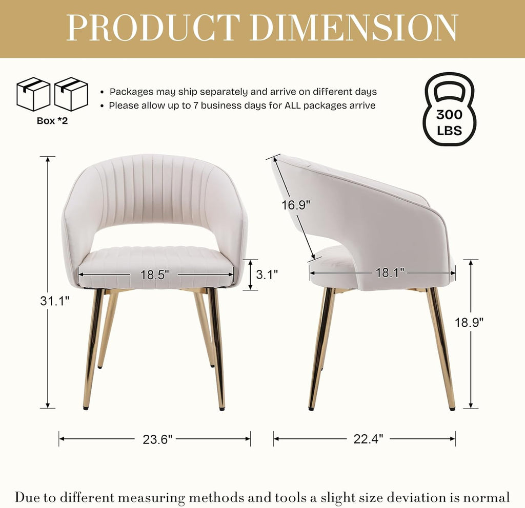 Modern Dining Chairs Set of 4, Upholstered PU Leather Dining Room Chairs with Gold Metal Legs, Accent Kitchen Chairs with Curved Backrest for Living Room, Cream